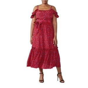 Derek Lam 10 Crosby Iris Poppy Red Cold Shoulder Ruffle‎ Midi Dress Size 12